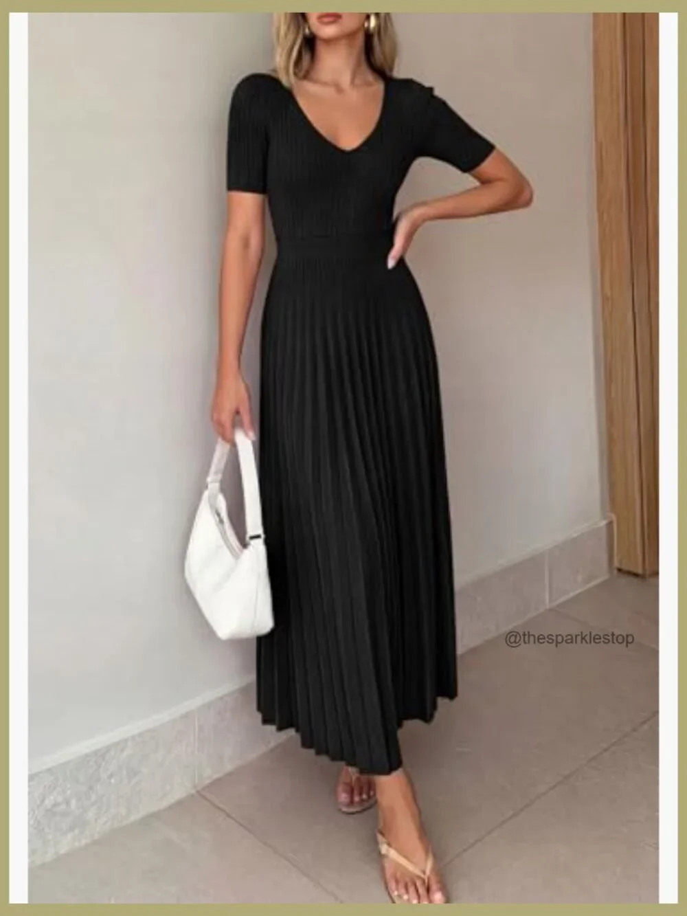 V Neck Pleated Ribbed Knit Midi Sweater Dress A Line Short Sleeve - Picture 6 of 7